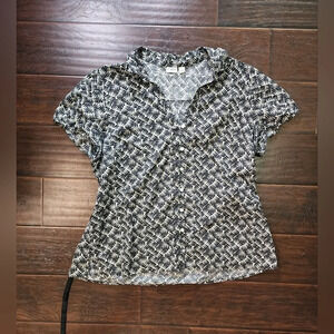 Cato Womens Tropical Black White Casual V Neck Button up Blouse